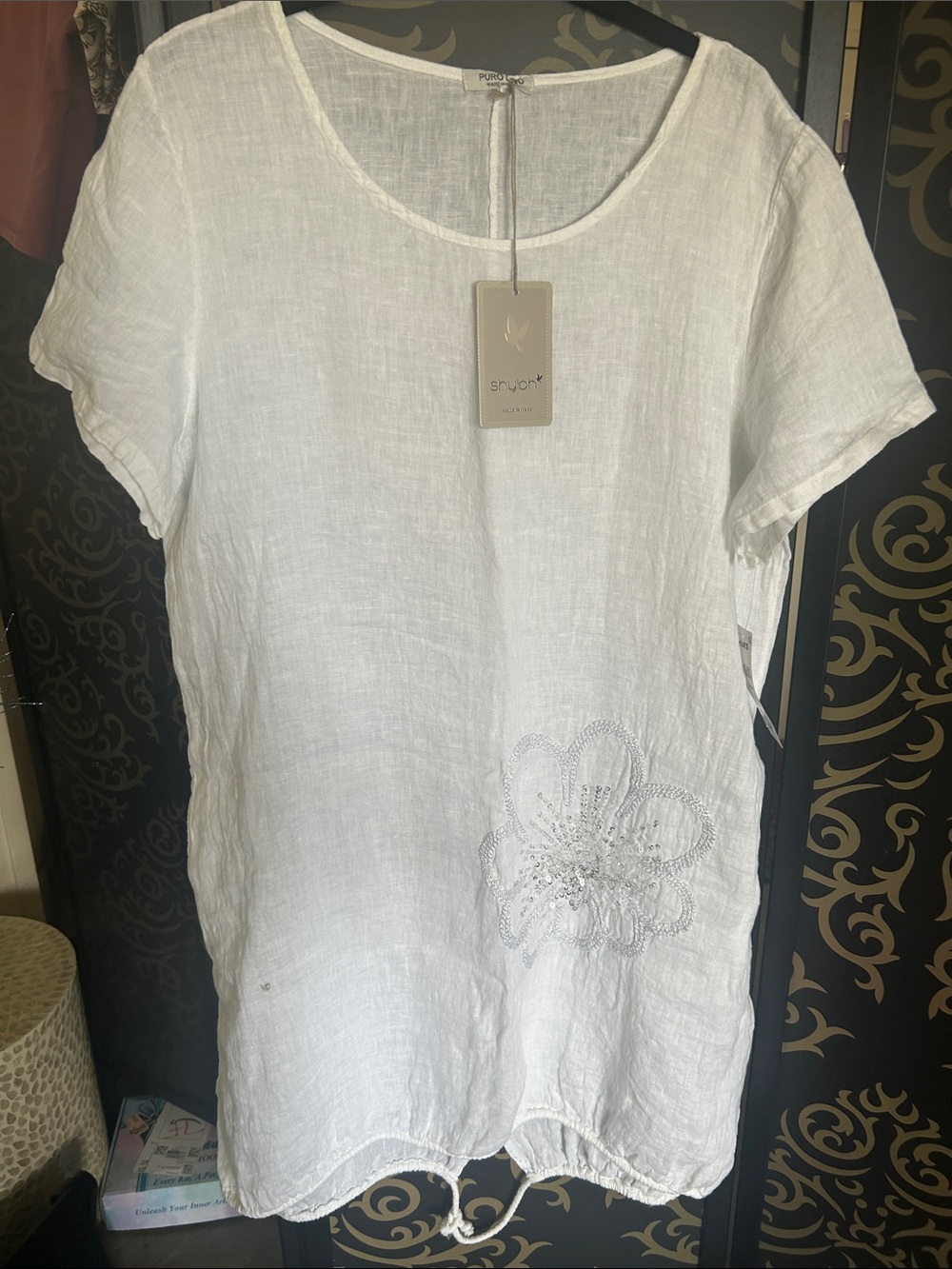 Pure Linen White Short-Sleeve Women's dress with Floral Embroidery